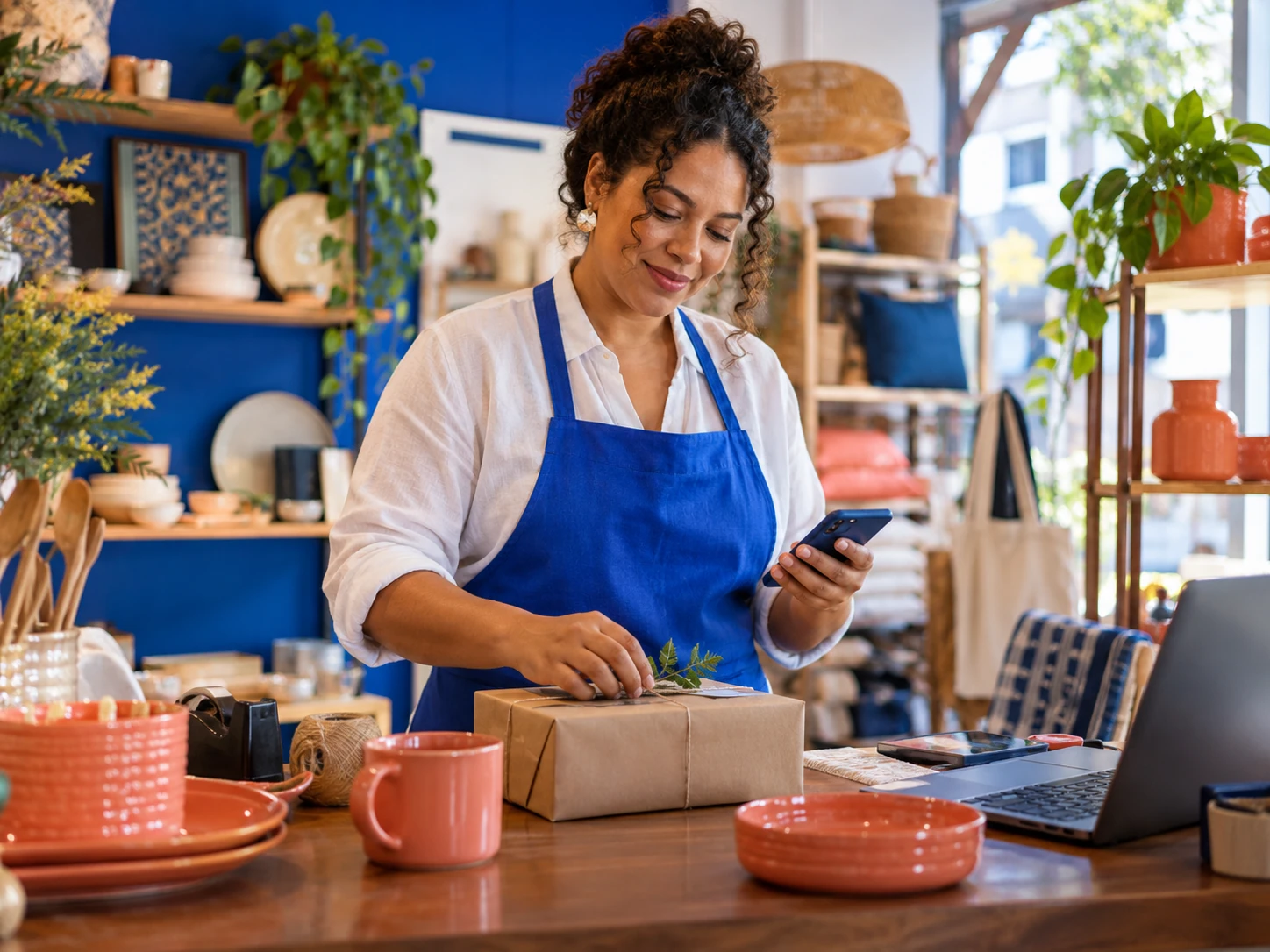 Empreendedora organizando produtos em sua loja